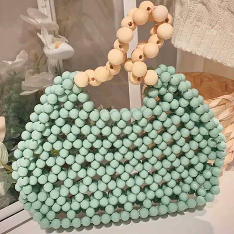 Acrylic Beaded Pearl Handbags for Women New Ins Small Design Wooden Beaded Hollow Women's Bags 2024 Customization Shoulder Bag