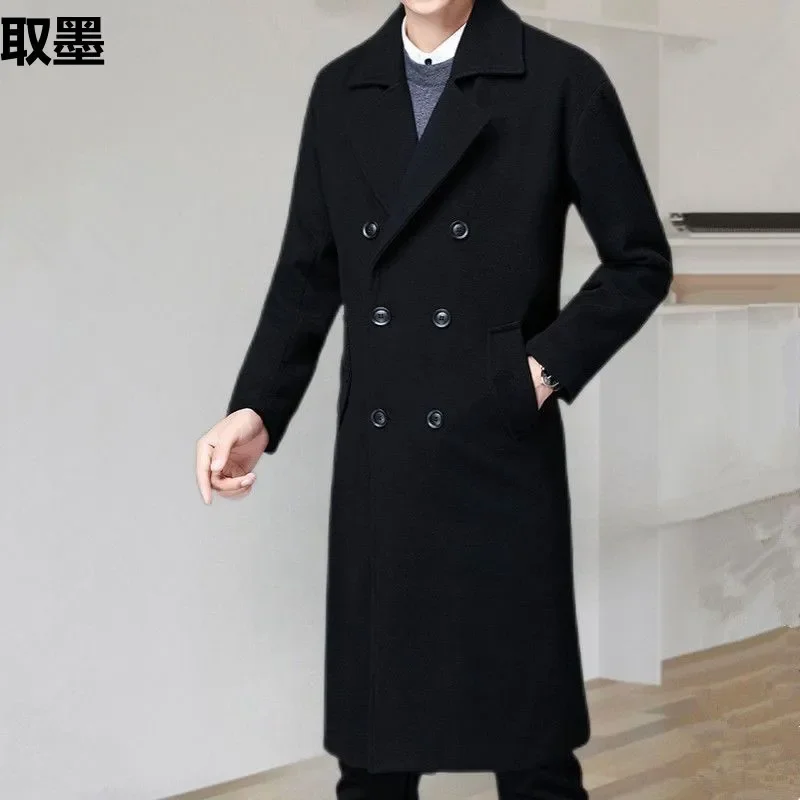 Men's Long Windbreaker Autumn/Winter Woolen Overcoat Loose-Fit Collar Double Row Button Woolen Jacket Casual Scene