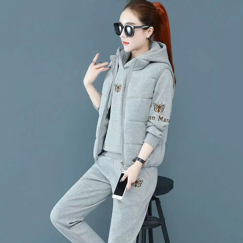 Women Three-piece Suit Women\'s Winter Tracksuit Set with Embroidered Hoodie Padded Coat Elastic Waist Pants 3 Piece for Weather