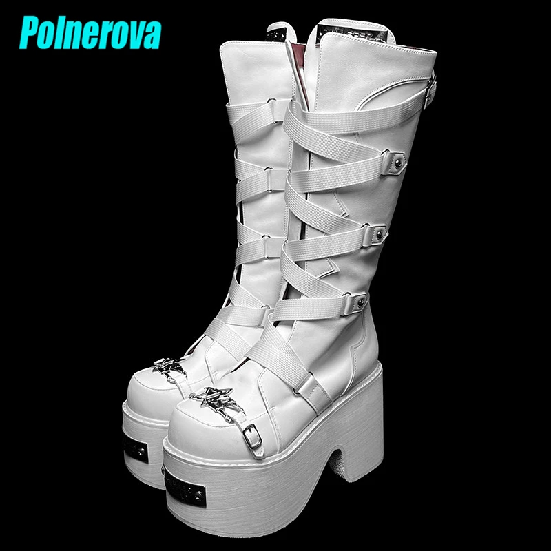 Round Toe Chunky Platform Knee High Boots Punk Style White Black Cross Strap Buckle Knight Boots Cosplay Y2K Women's Shoes