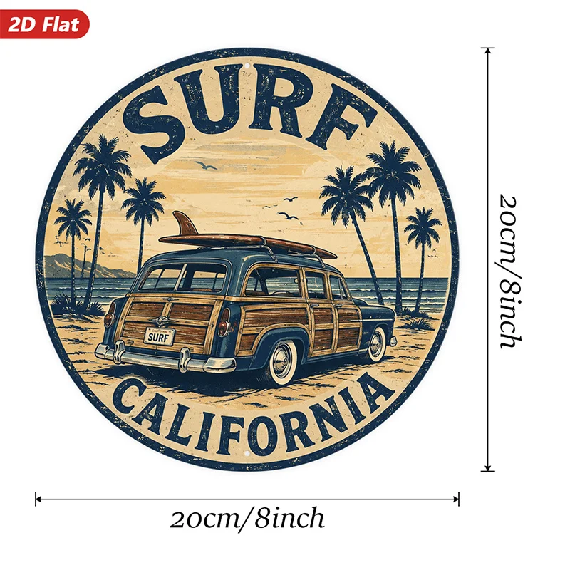 2D Flat, 1pc Vintage Surf Wagon Round Metal Sign Wall Art, Home Decor, Surf California Lettering, Woody Wagon with Surfboard, Id