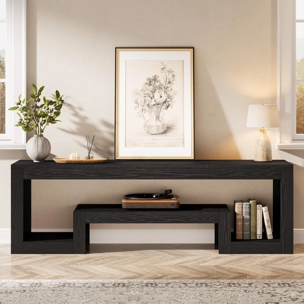 حامل تلفزيون مقاس 63 بوصة لأجهزة التلفاز مقاس 55/60/65/75 بوصة، مركز ترفيه المزرعة مع أرفف تخزين مفتوحة، شركة تلفزيون بني ريفي #4