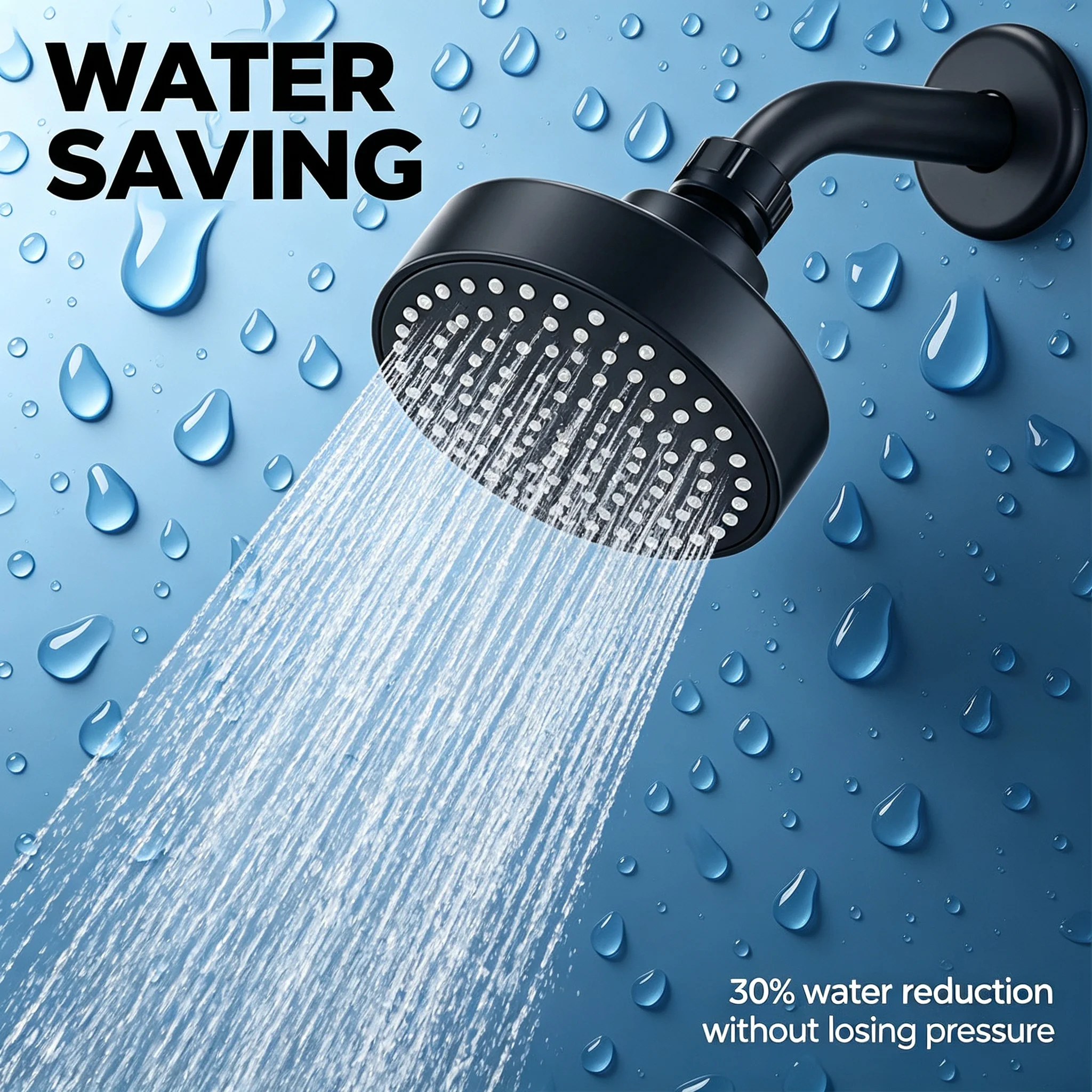Modern Black Fixed Rain Shower Head High Flow Wall Extension Arm Powerful Round Overhead Spray Easy Clean Universal Bathroom