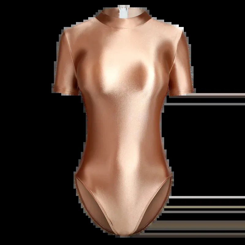 

asdh8@MJINM Satin Glossy Tights Oil Slip Smooth Back Zipper Short Sleeve One Piece Swimsuit Silky Yoga SportswearCOSda@