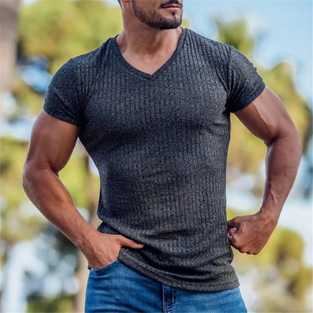 2024 New Mens V Neck Sports T-Shirt Summer Gym Fitness Sports Solid Color Fashion Man Short Sleeve Casual Slim Fit T-Shirt Top