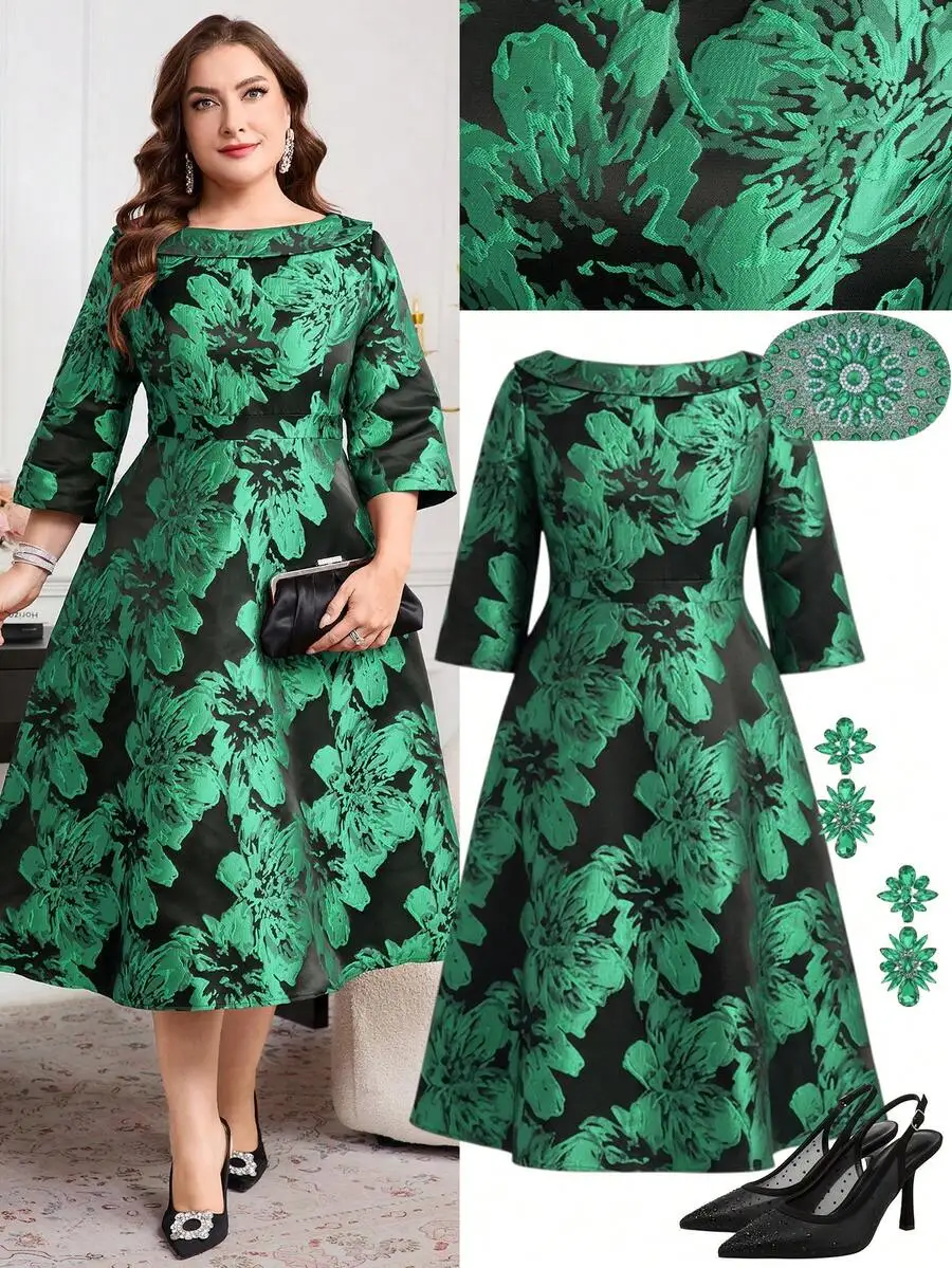 

Elegant Jacquard Floral Print Plus Size Midi Dress For Party Night Out Wedding Guest