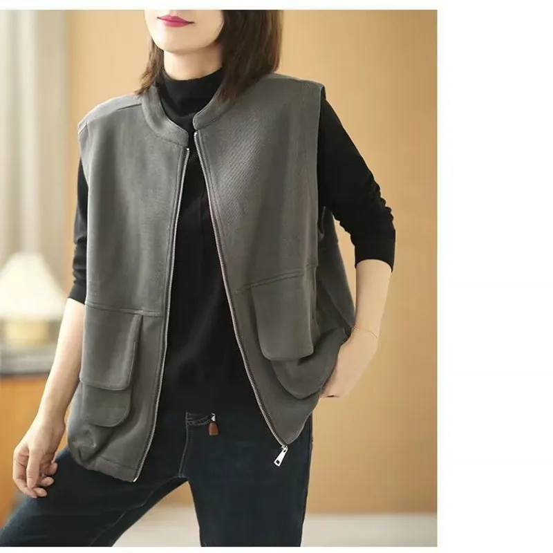 

Women Vests Open Placket Zip Front V-Neck Polar Fleece Vests Kanga Pocket Plain Color Casual Warm Simple Vests