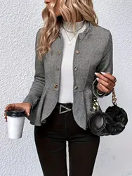 Plus Size Casual Coat, Women's Plus Chevron Print Long Sleeve Button Up Lapel Collar Peplum Coat