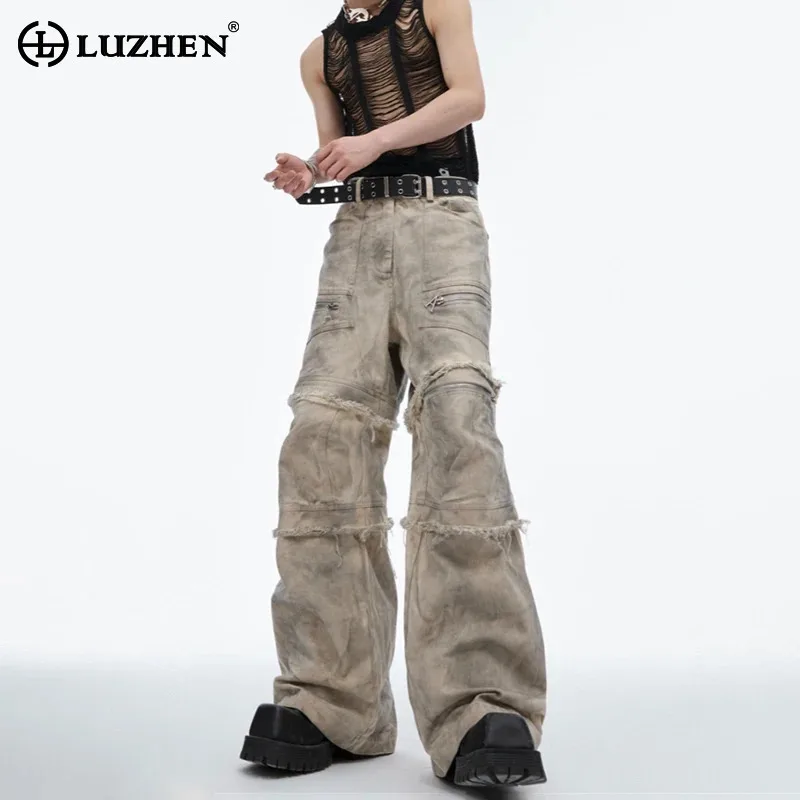 

LUZHEN Stylish Wornout Vintage Burr Edge Design Denim Pants Men's Niche Design Fashion Original High Street Loose Jeans LZ5124