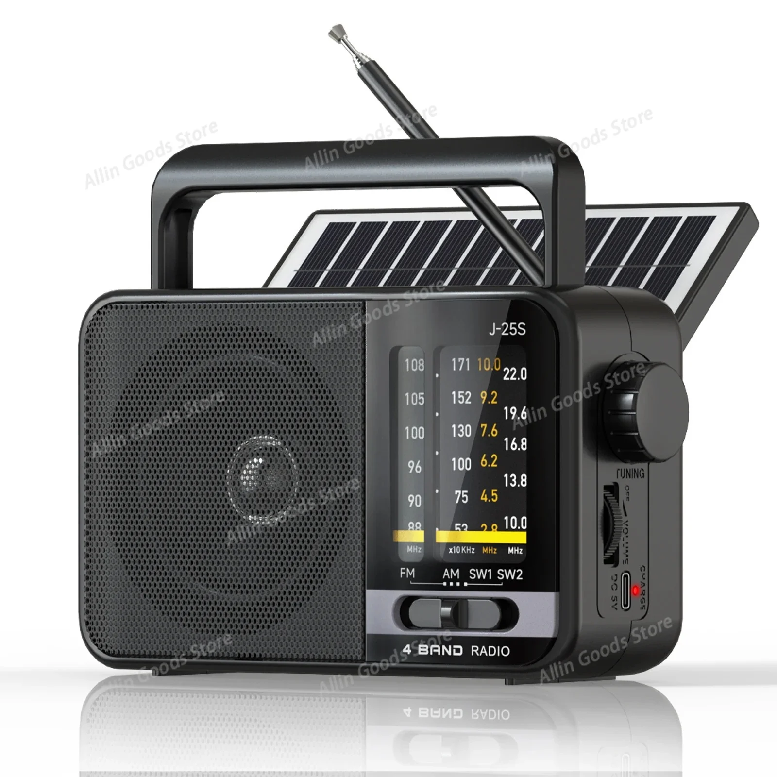 J-25S Radios SW AM FM Radio Portable USB-C/Solar 1800mAh Rechargeable battery, Large Knob Easy to Use, for Seniors gifts