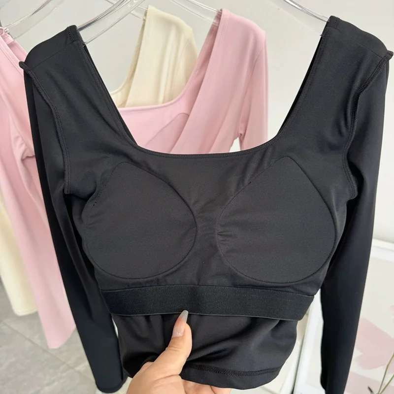 Feste Brustpolster, überkreuzter Rücken, Yoga-Kleidung, eng anliegend, schlankmachend, Sport-Langarm-Laufshirt, Fitness-Oberteil, Shirts – Detail 12