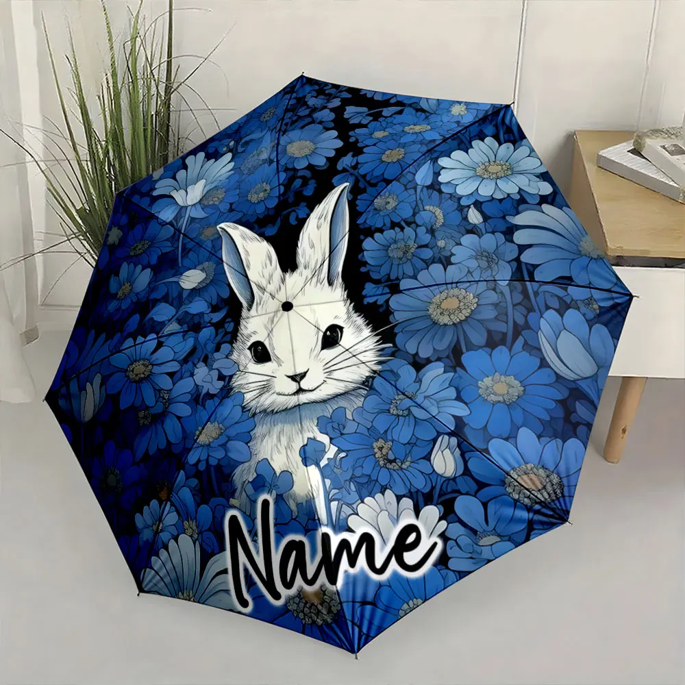 Custom Name  Cute Bunny Umbrella with Blue Floral Design Print 8 Iron Ribs Folding Umbrella Auto-Open Fashion Sunshade