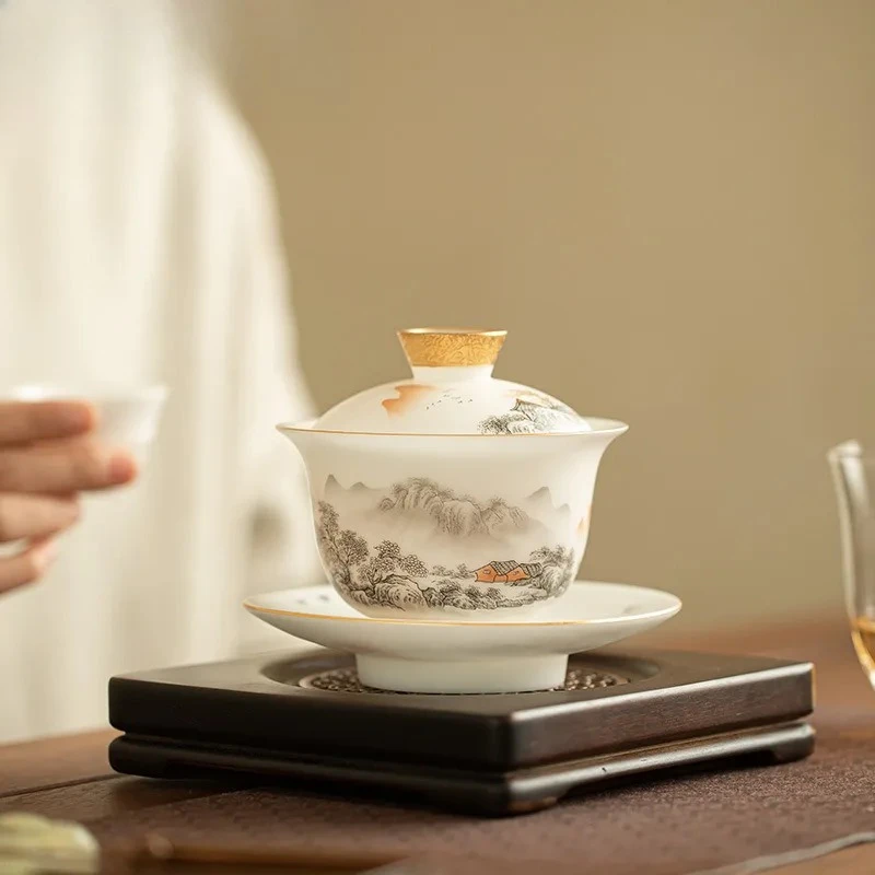 200ml Sheep Fat Jade Gold Drawing Landscape Gaiwan Luxury Tea Tureen Tea Bowl With Lid Kit Tea Maker Cover Bowl Cafes Collection