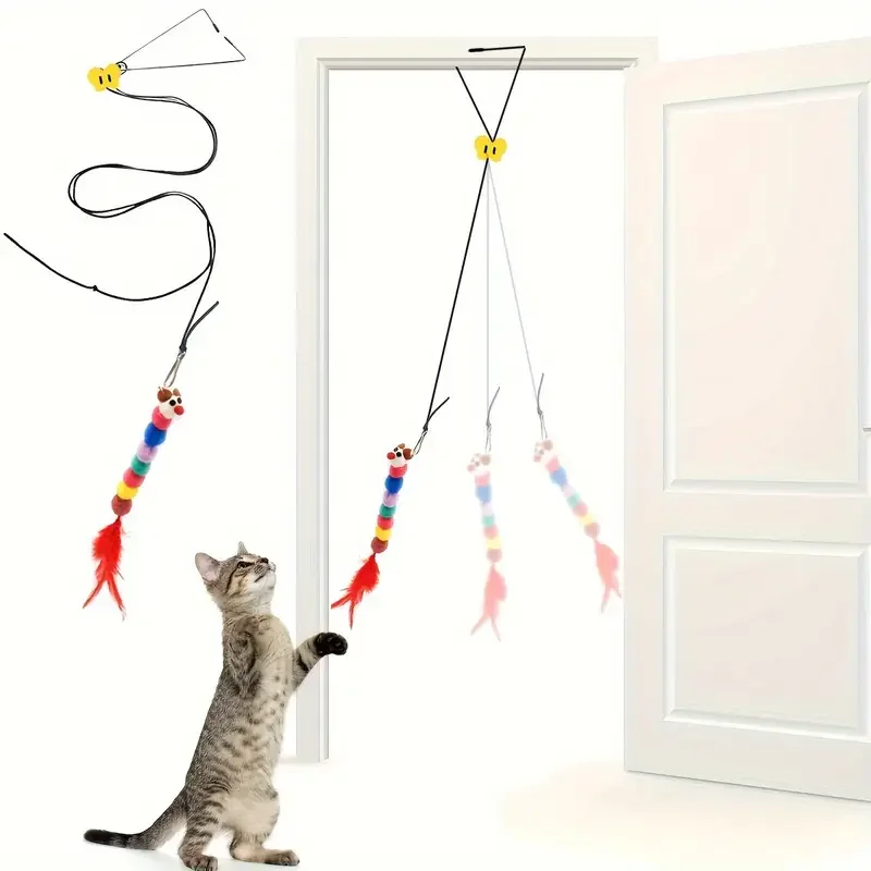 Brinquedo interativo para gatos, balanço de porta suspensa ajustável com minhocas coloridas de pelúcia para gatos internos, jogo interativo de gatinho