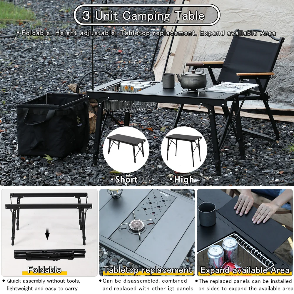 Deerest Folding 3 Unit IGT Table with Adjustable Leg Multifunctional Lightweight Camping Cook Table Replacement Tabletop Panel