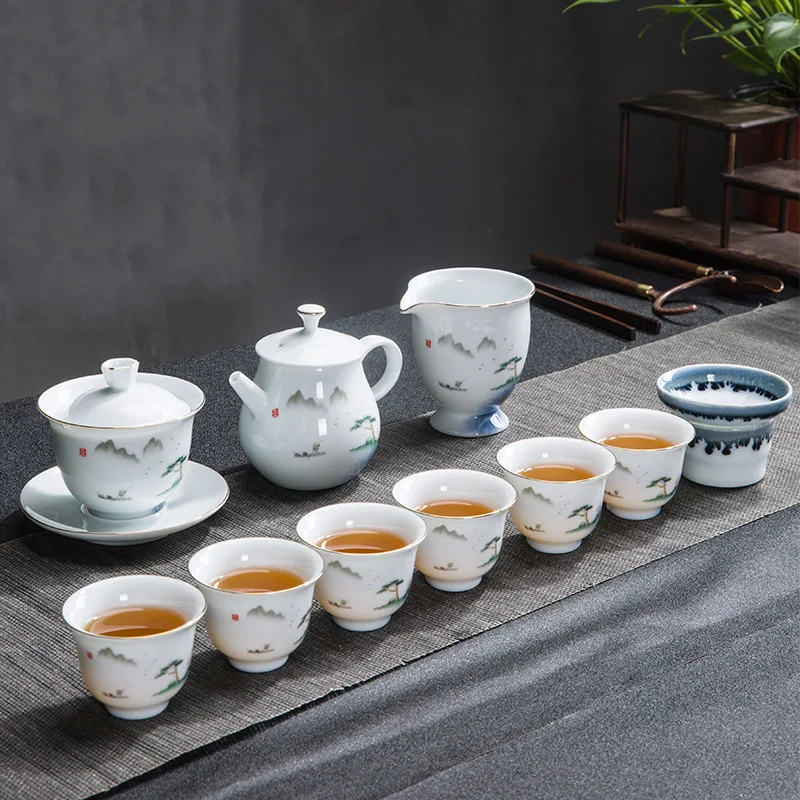 Dehua White Porcelain Manufacturer Hand-painted Gaiwan Sheep Fat Jade Tea Set Business Annual Meeting Gift Box with PrintingLOGO