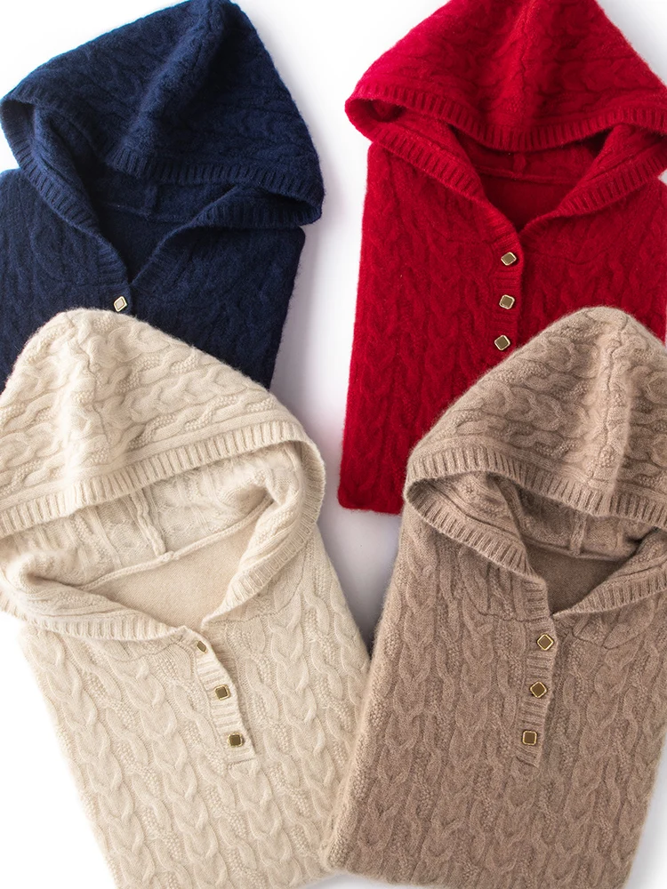 

Women Cashmere Hoodie Threaded Sweater 100% Cashmere Pullover Long Sleeve Casual Knitwear Autumn Winter Thick Knit Hooded Top