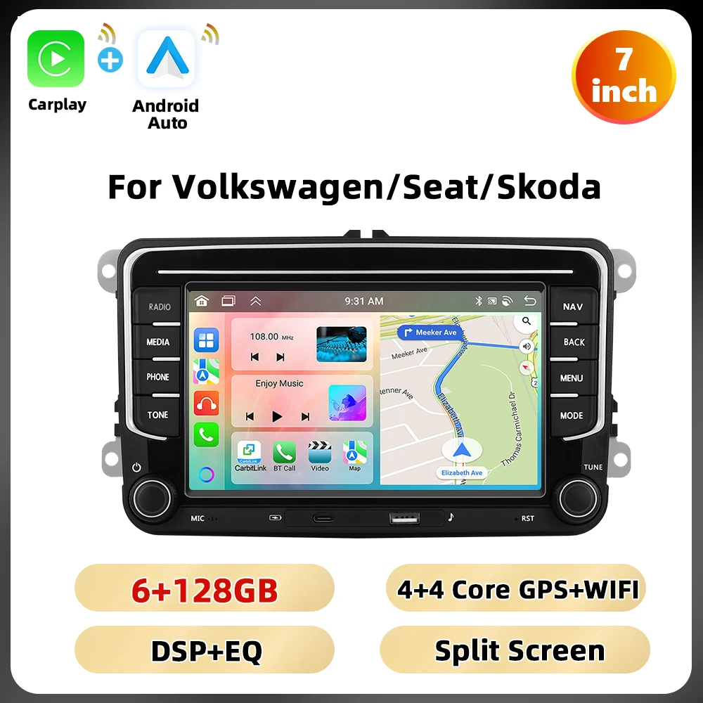 Podofo 6 + 128G 7 ''Autoradio Voor VW/PASSAT/CADDY/POLO/BEETLE Multimedia Speler Carplay Android Auto Type-C WIFI GPS Auto Audio - afbeelding 1
