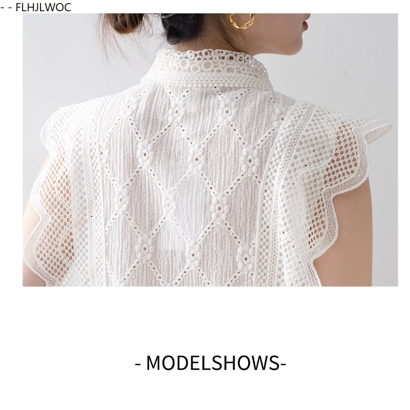 Polo au Design français, nouvelle mode d'été 2025, sans manches, mignon et doux pour filles, à volants, ajouré, couverture en dentelle blanche, chemisiers