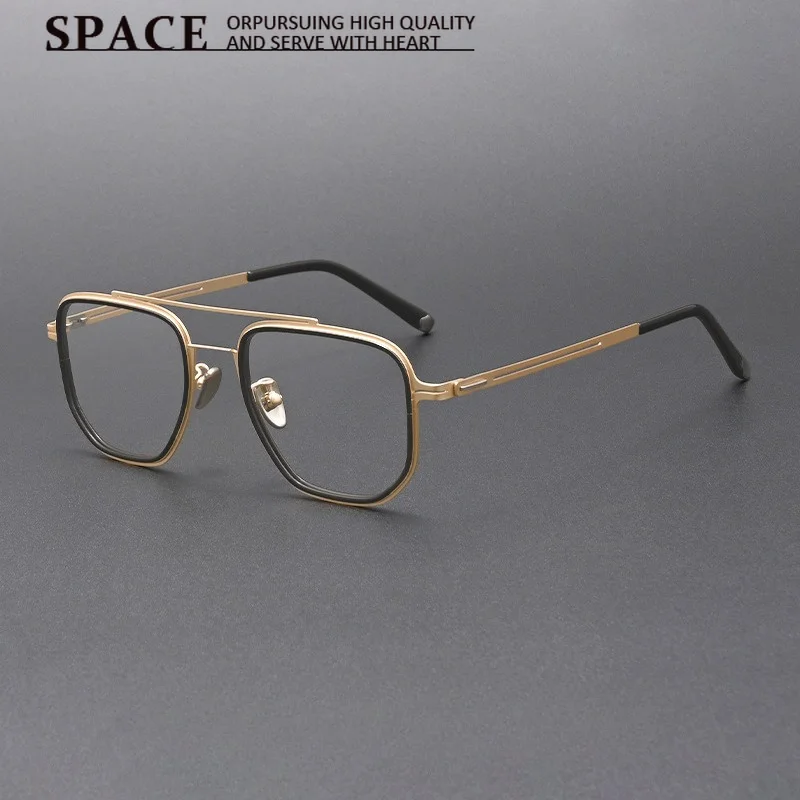 Premium Unisex Retro Oversized Double Bridge TR Metal Square Pilot Optical Frame Fit Progressive Myopia Lenses