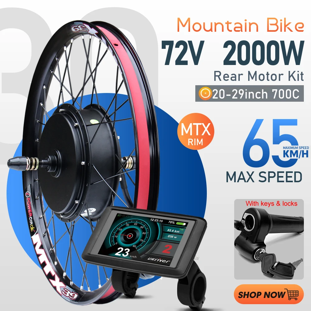 MTX Rim Ebike Conversion Kit 72V 2000W Rear Rotate Brushless Hub Motor Wheel for Electric Bike Conversion Kit 20-29inch700C