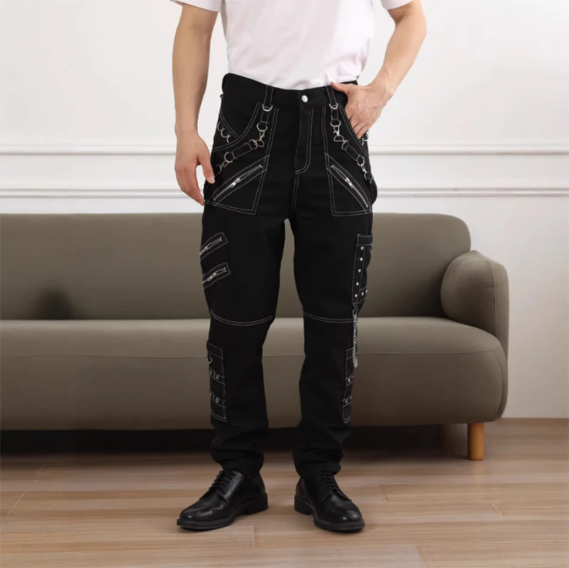 Men's Fashion Punk Style Pants With Rivets And Chains High Street Gothic Cargo Trousers Streetwear Rock Roll Joggers