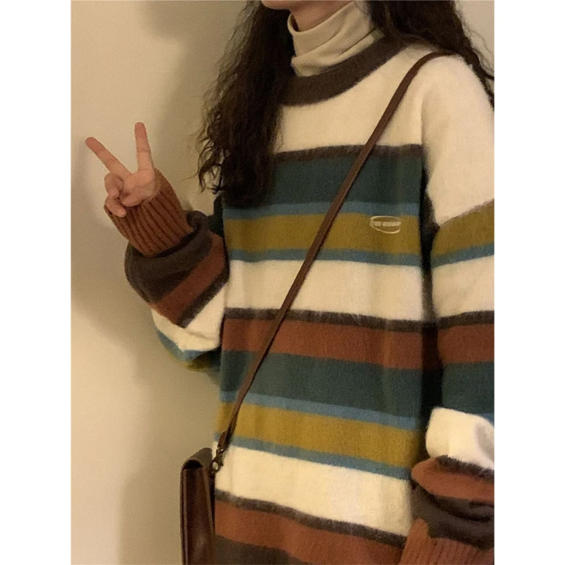 Harajuku Striped Sweater Women Oversized Knitted Pullovers Japanese Vintage Patchwork Jumpers Winter Preppy Korean Knitwear New