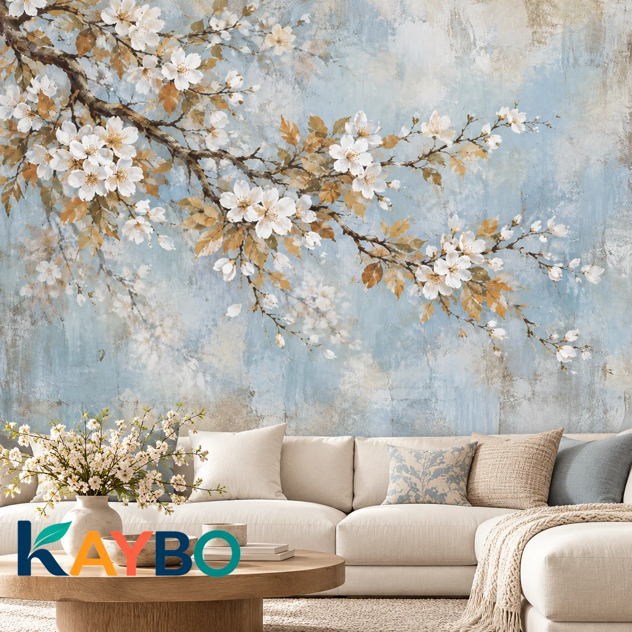 Wallpaper Mural Cherry Blossom Floral Wall Decor Blue Watercolor Spring Flower Branch Nature Home Bedroom Non Self Adhesive
