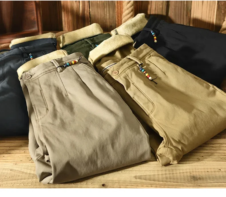 Classic Men's Winter Pants Keep Warm Work Pants for Men Causal Cotton Straight Khaki Fleece-liner Pants Simple Thicken Trousers