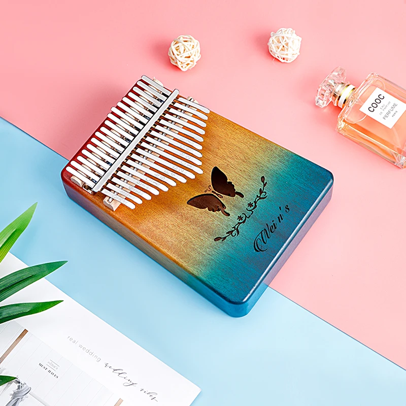 Kalimba Thumb Piano 17 21 Keys Butterfly Rainbow Mahogany Wood Kalimba Tune Hammer Unique Gift for Kids Adult Beginners