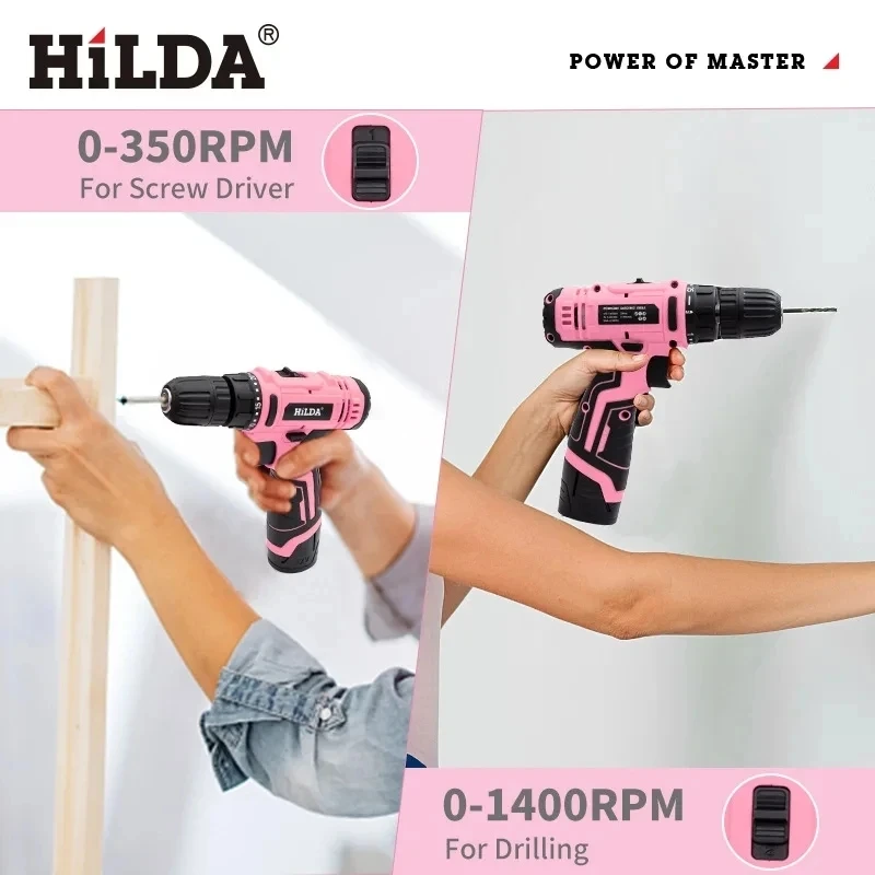 HILDA 12V Electric Screwdriver 25+1 Torque Cordless Drill Mini Wireless Power Tools Lithium-Ion Battery Pink Drill