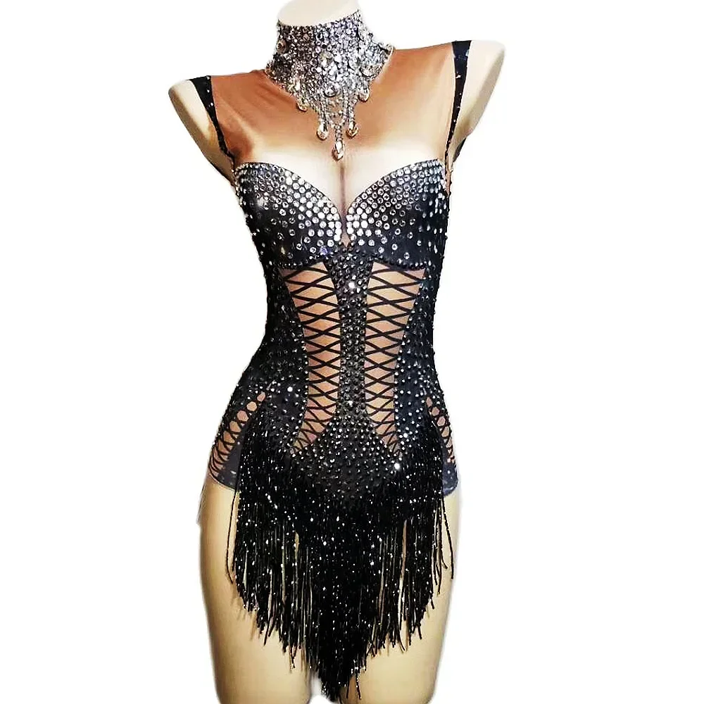 

Sleevless Women Shining Diamonds Bodysuits Nightclub DJ Singer Dance Costumes Black Glistening Tassel Jumpsuits Nigthclub Outfit