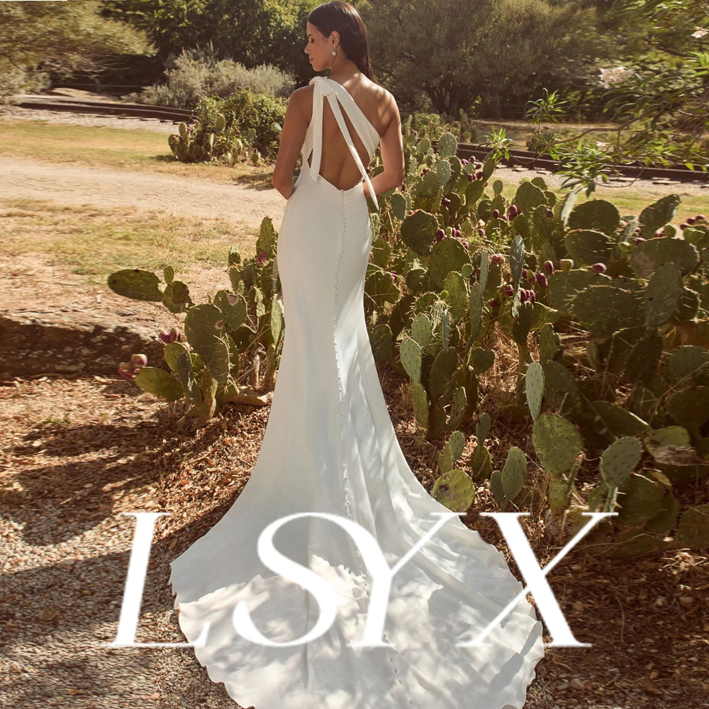 LSYX Customized Wedding Dress One Shoulder Draped Neckline High Slit Backless Mermaid Train Elegant Stylish Unique Glamorous