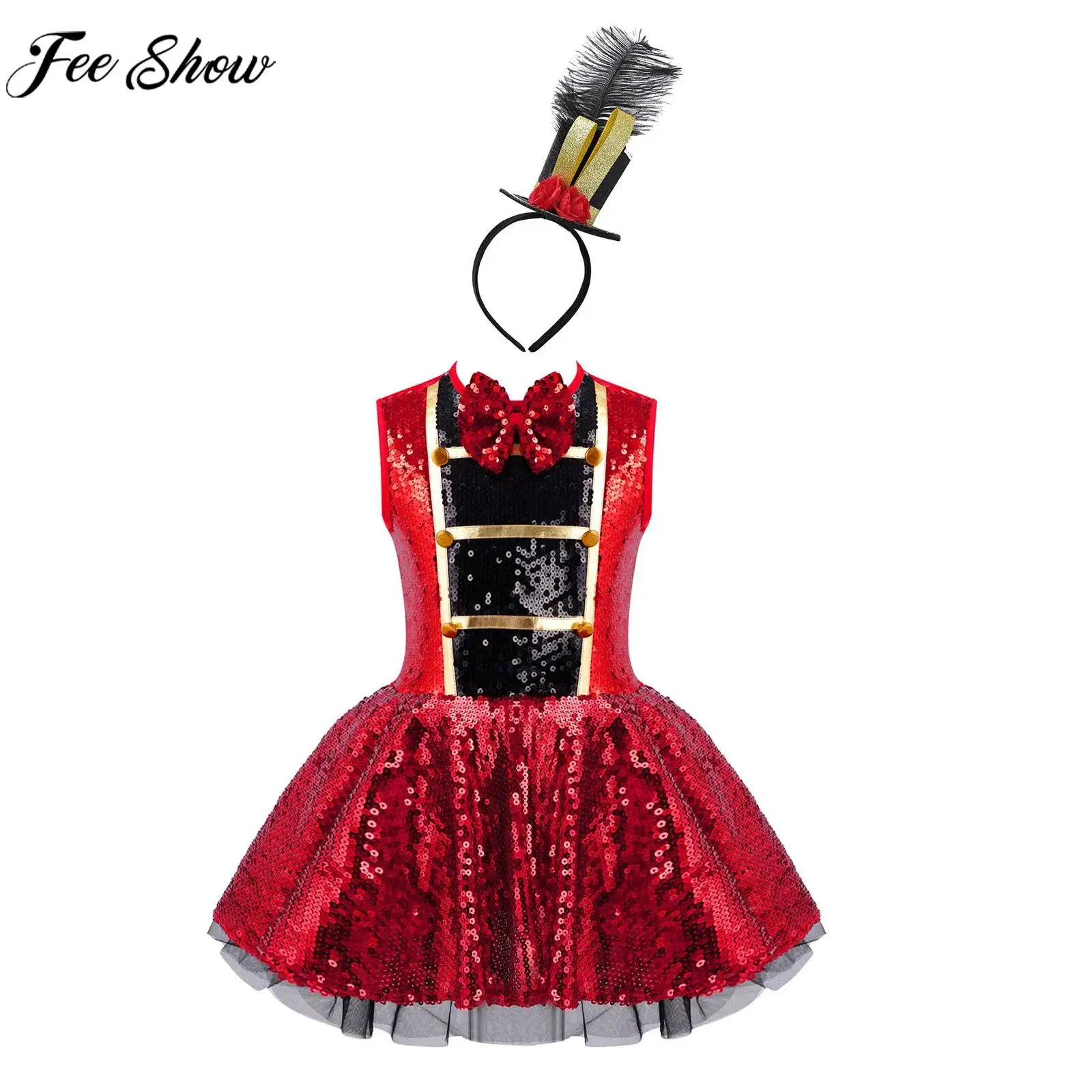 Kids Girls Halloween Shiny Sequin Dress Carnival Party Circus Ringmaster Cosplay Costume Latin Dance Rumba Samba Leotard Tutu