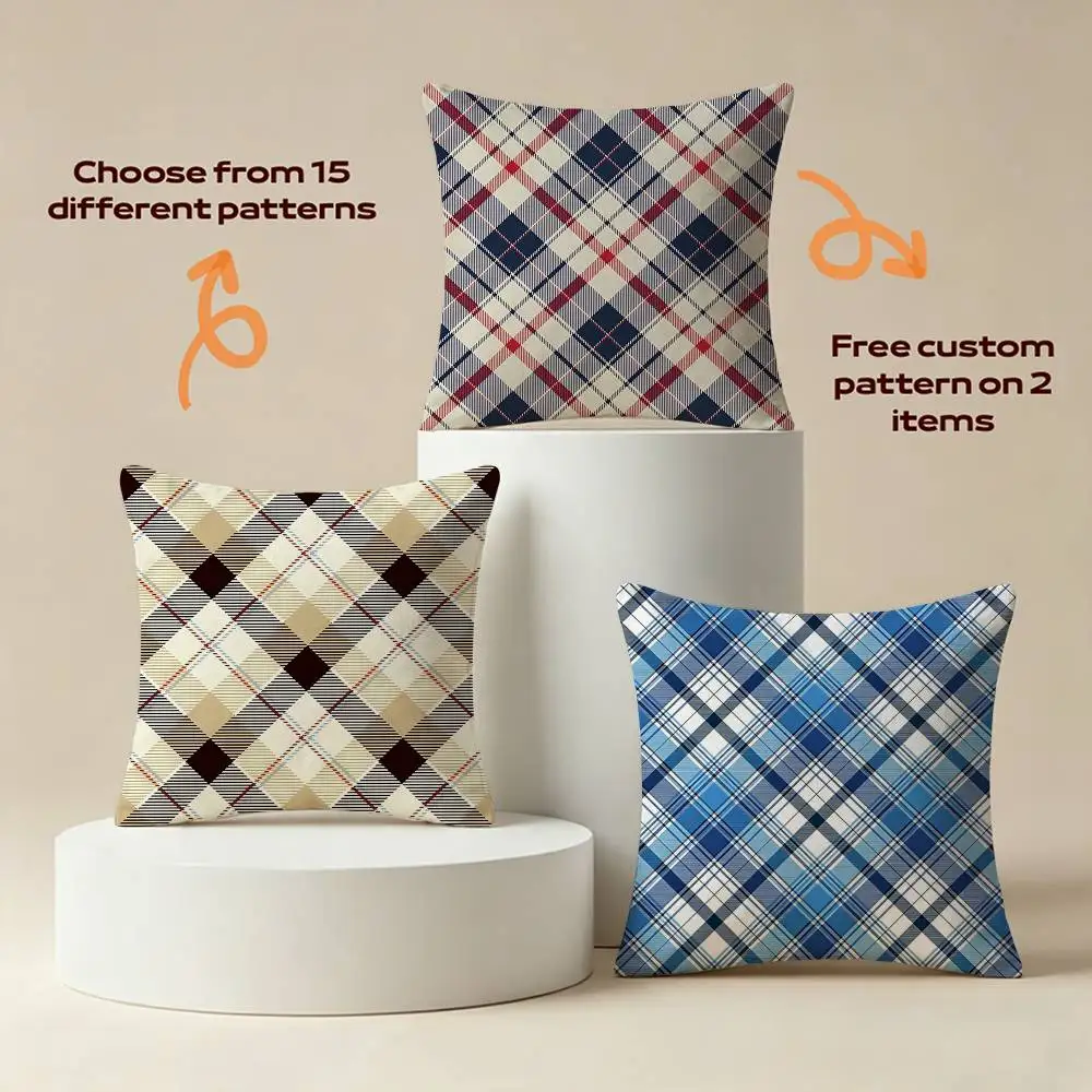 Classic BU--RRY Check HD-Patten Check Square Sofa Pillow Cover Solid Color Living Room Home Decor Cushion Case