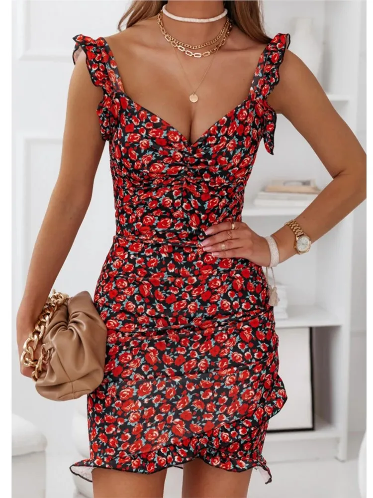 Women's Dress Sexy Floral Tight Elegant Sleeveless V-Neck Hip Cover Printed Lotus Leaf Robe Party Prom Nightclub Club Vestidos