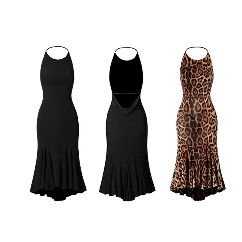 Sleeveless Latin Dress Halter Ballroom Competition Dresses Sexy Leopard Print Backless Latin Dance Dress For Women Black