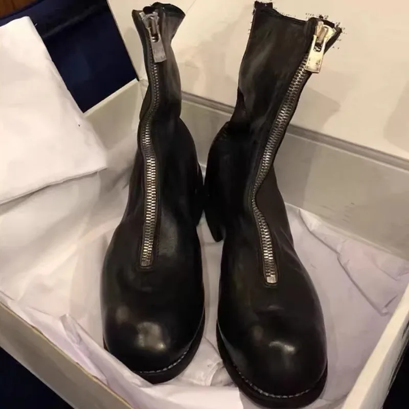 

Luxury Men Shoes Genuine Leather Front Zipper Trendy Mid Calf Knight Boots Street Fashion Chelsea Boots Outdoor Motorcycle Boots