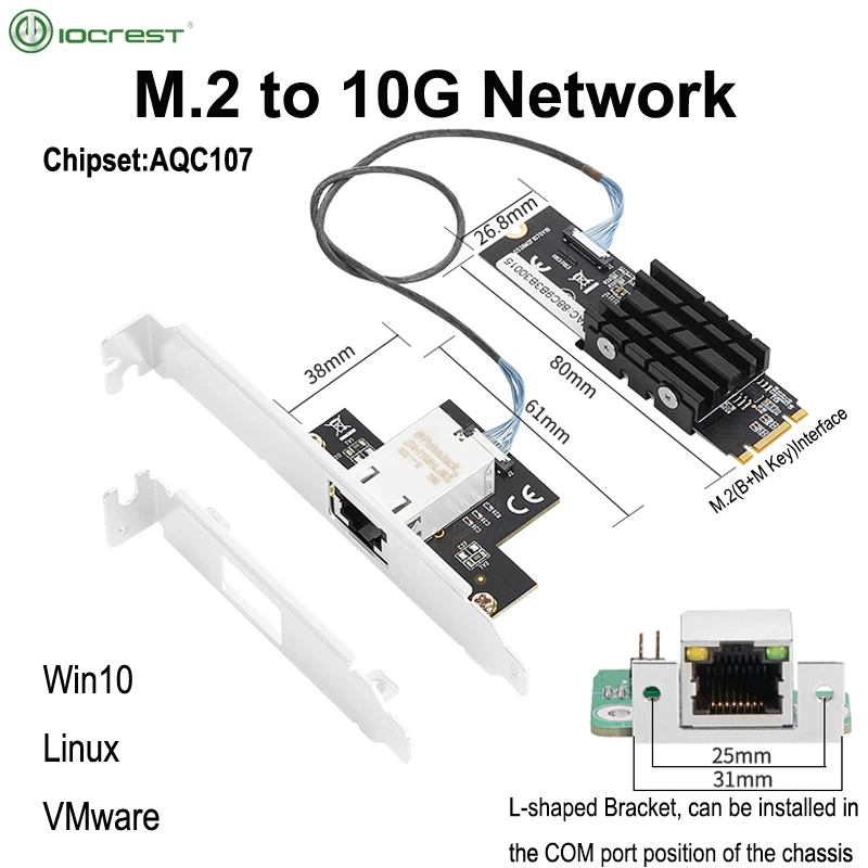 

IOCREST M.2 to Single Port 10 Gbase Ethernet Gigabit Nic B Key M Key 10G/2.5G/1000M RJ45 Lan Network Adapter Card AQC107 Chip