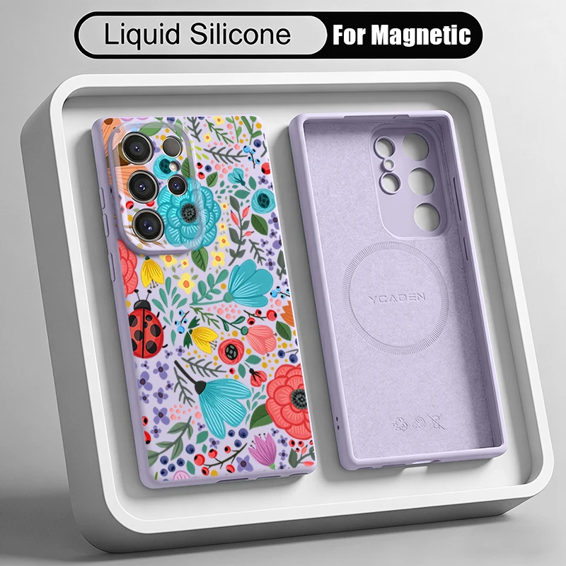 Romantic Garden Pattern Liquid Silicone Magnetic Case For Samsung Galaxy S26 S25 S24 S23 S22 Ultra Plus For Magsafe Phone Cover