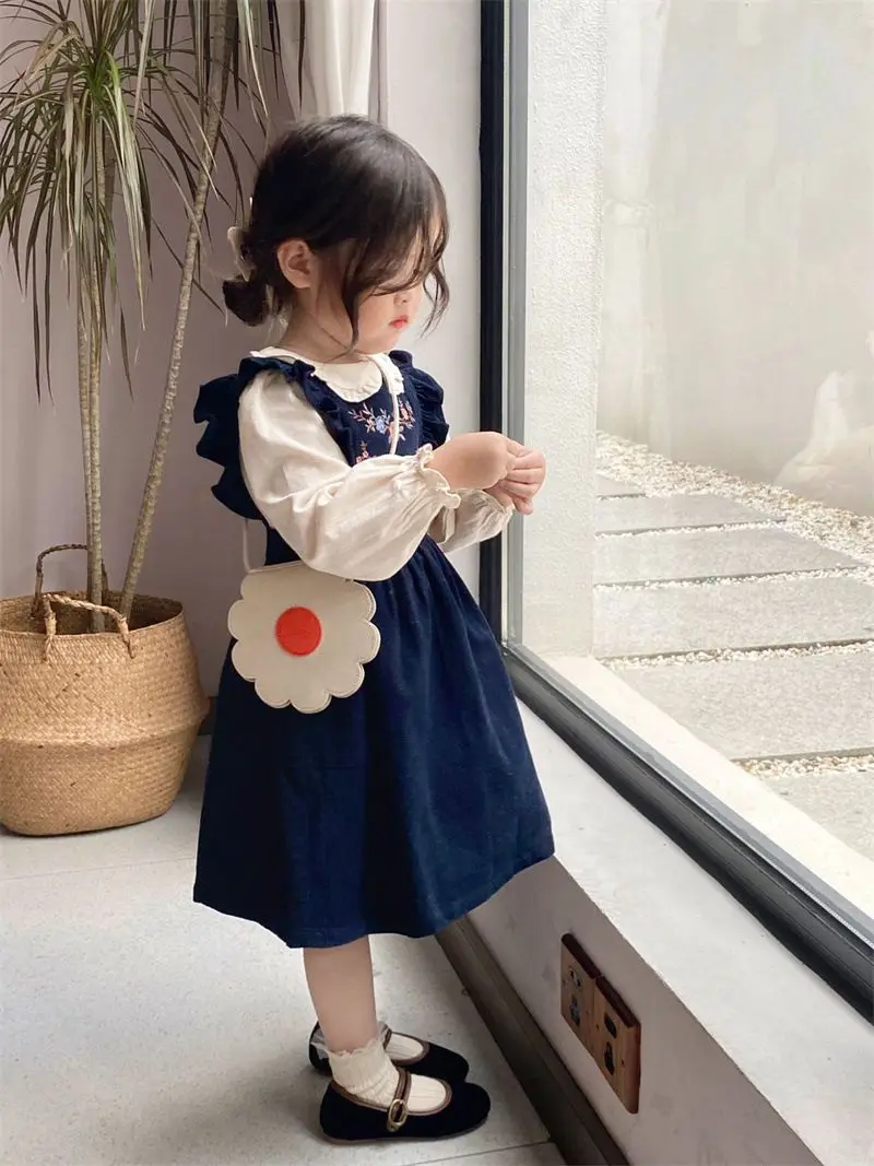 

Children Sets Blouses Turn-down Collar Single Breasted Dress A-line Knee Length Pullover Solid Sweet Casual Autumn Spring