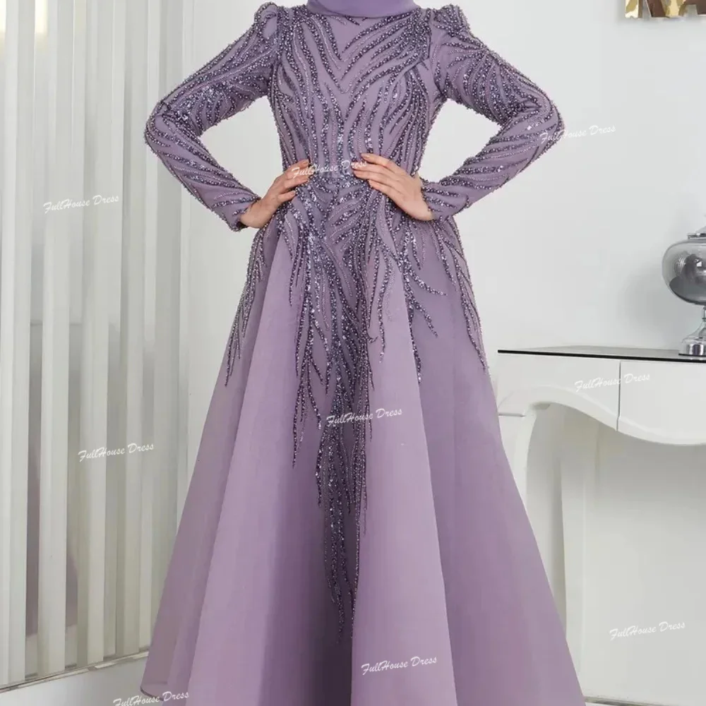 

Customized High Neck Organza A-line Lace up Back Beading Dreap Evening Dress Long Sleeve Luxury Long Party Dress for Women