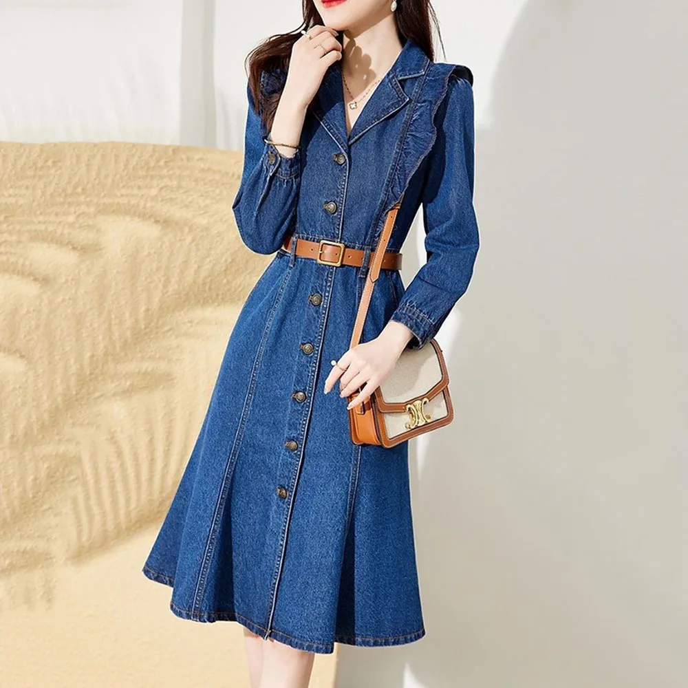 Autumn New Vintage Ruffles Long Sleeve Denim Dress Ladies Fashion Knee-Length Jean Dresses Womens Casual Vestido Mujer Robe 2022