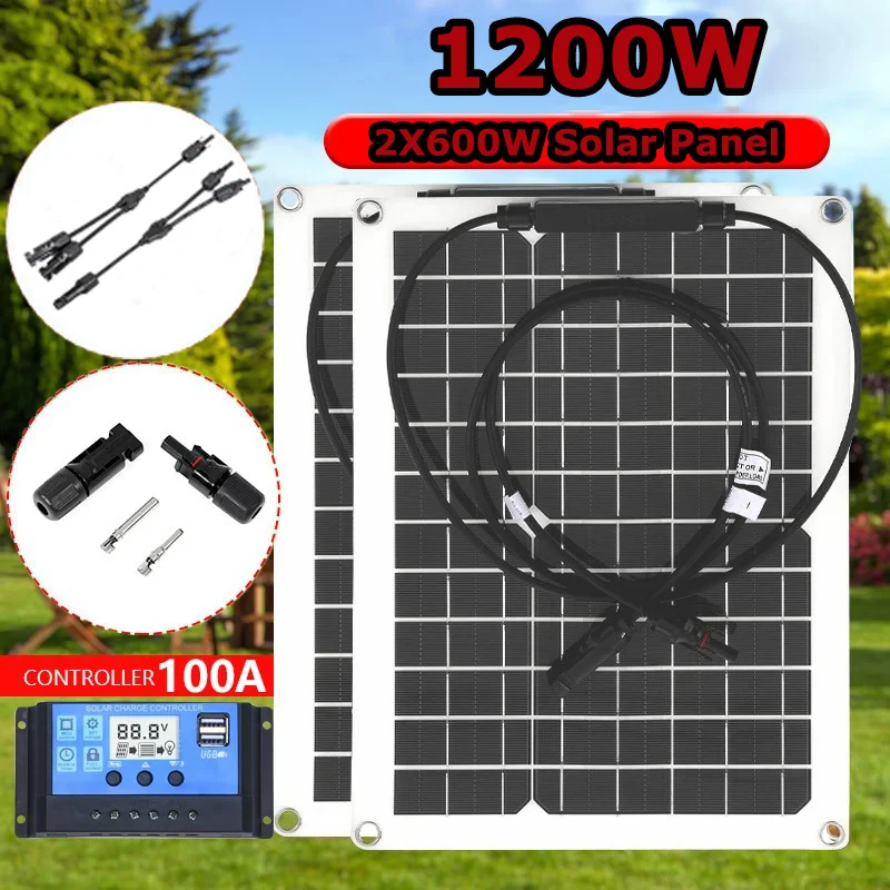 600W Flexible Solar Panel 12V Battery Charger Dual USB with 10-100A Controller Solar Cells Power Bank for Phone Car Yacht RV