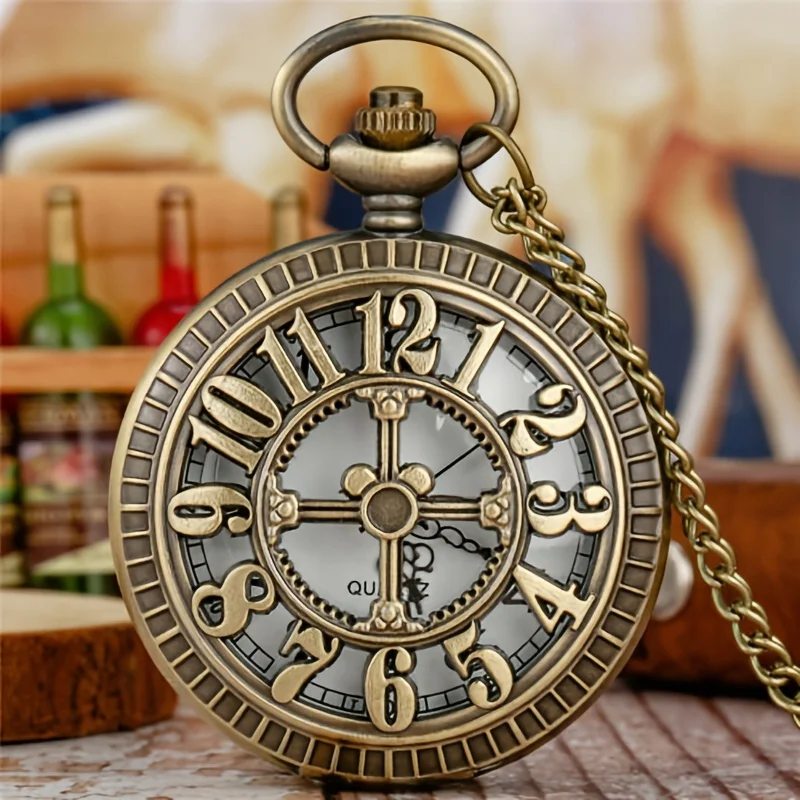 Exquisite Vintage Bronze Steampunk Pocket Watch, Carved Hollow Arabic Numerals Flip Quartz Clock, Retro Necklace Hanging Watch