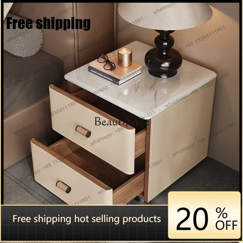 Factory DirectNatural marble ultra-narrow bedside table Modern solid wood saddle leather bedside cabinet