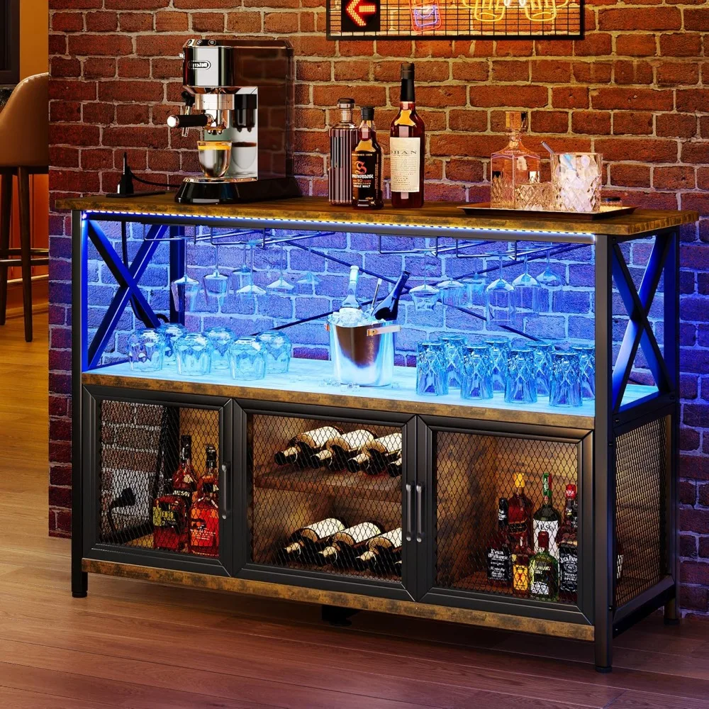 55" Bar Cabinet with LED Lights, Wine Cabinet with Power Outlet, Bar Table Stand with Wine Rack, Storage Cabinets