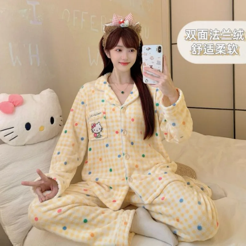 

Winter Pajamas Lapel Neck Women's Pajamas Long Sleeve Kawaii Sanrio Warm Sleepwear Harajuku Style Cute Casual Pajamas Two-Piece