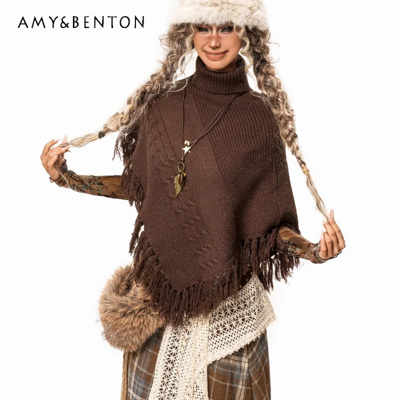 Americano retro design café cor irregular borla malhas femininas outono inverno nova gola alta quente menina capa xale senhoras