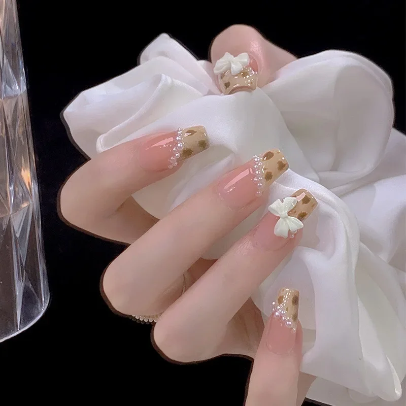 24 unids/set de uñas de color rosa degradado francés en polvo de melocotón, uñas elegantes y de moda para mujeres y niñas, edición de Año Nuevo, uñas extraíbles